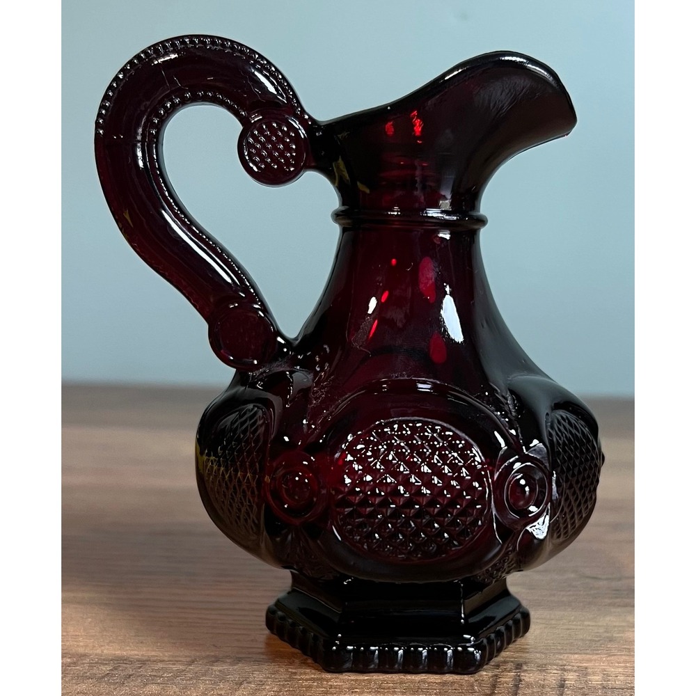 Vintage Avon Ruby Red Glass Pitcher Embossed Diamond Pattern Miniature Bud Vase